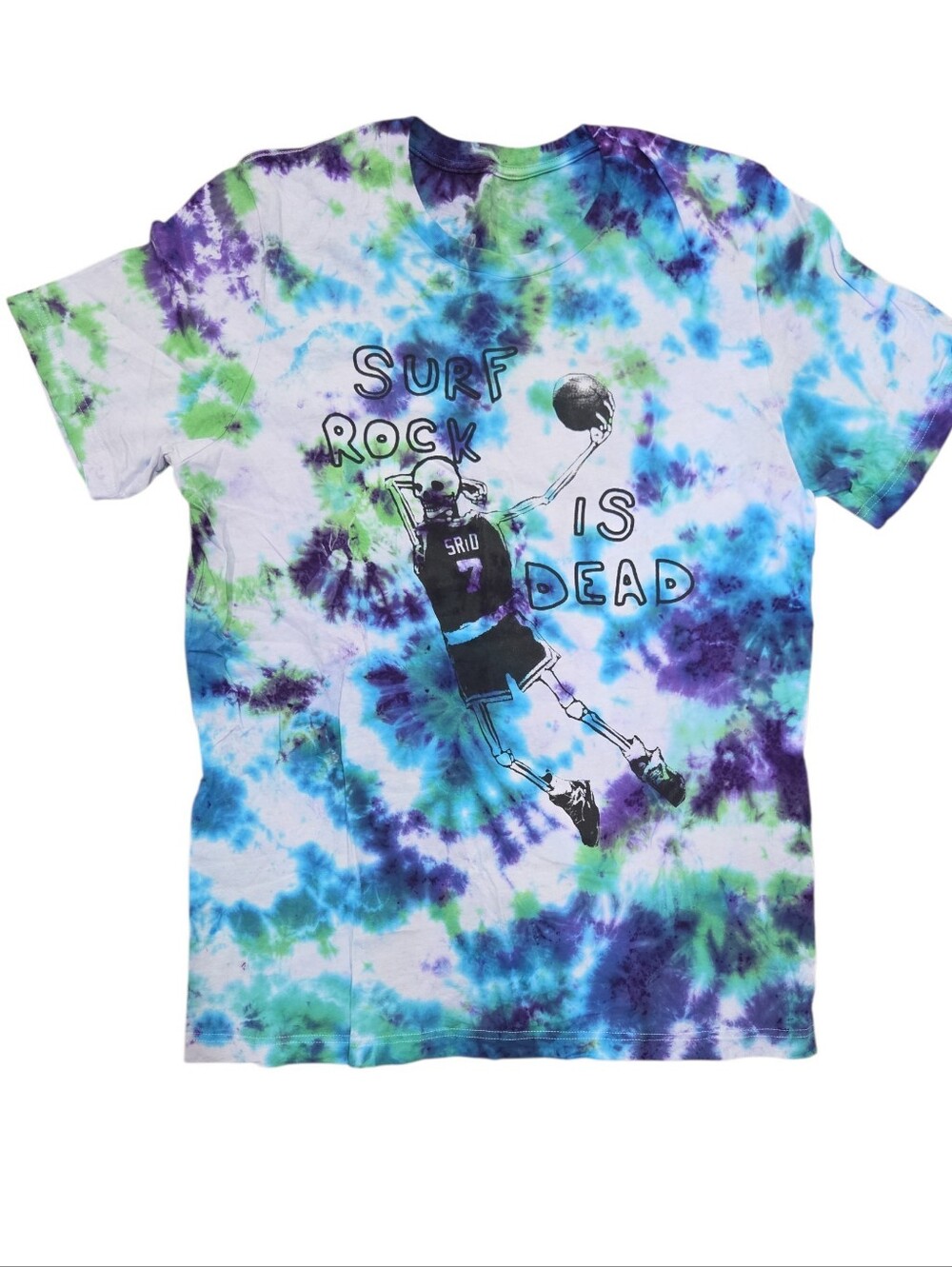 "Surf Rock Is Dead" Tie-Dye Graphic Men's Tee - Blue, Purple & Green